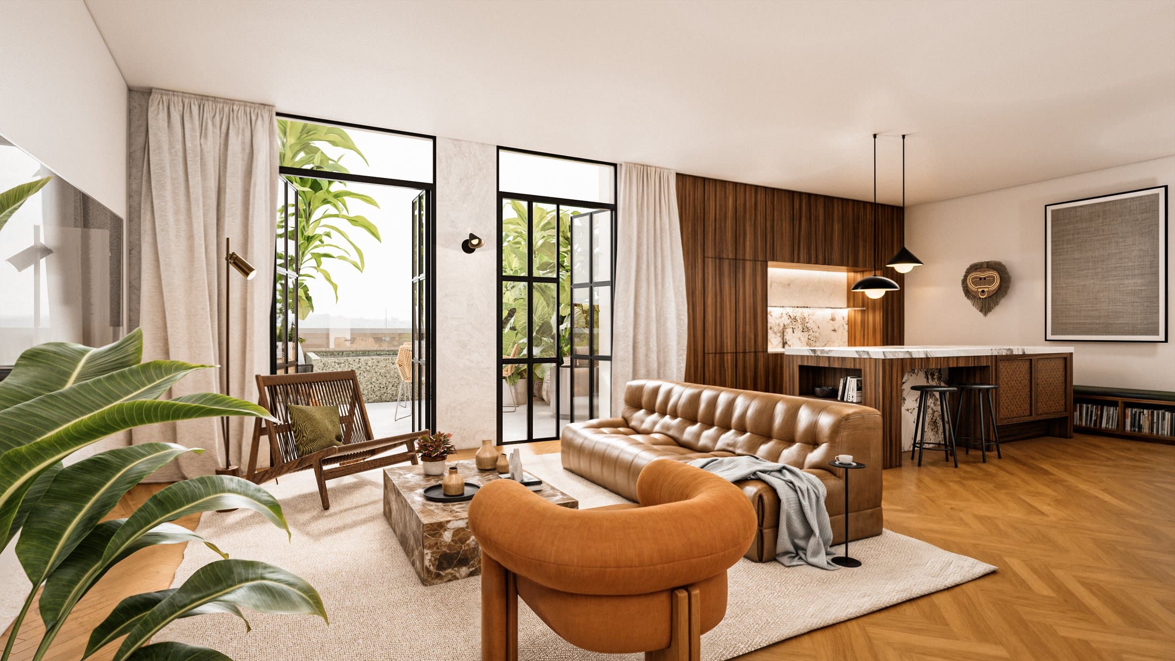 Rendering of a Barlove loft living room with herringbone floors and balcony doors in Casco Antiguo