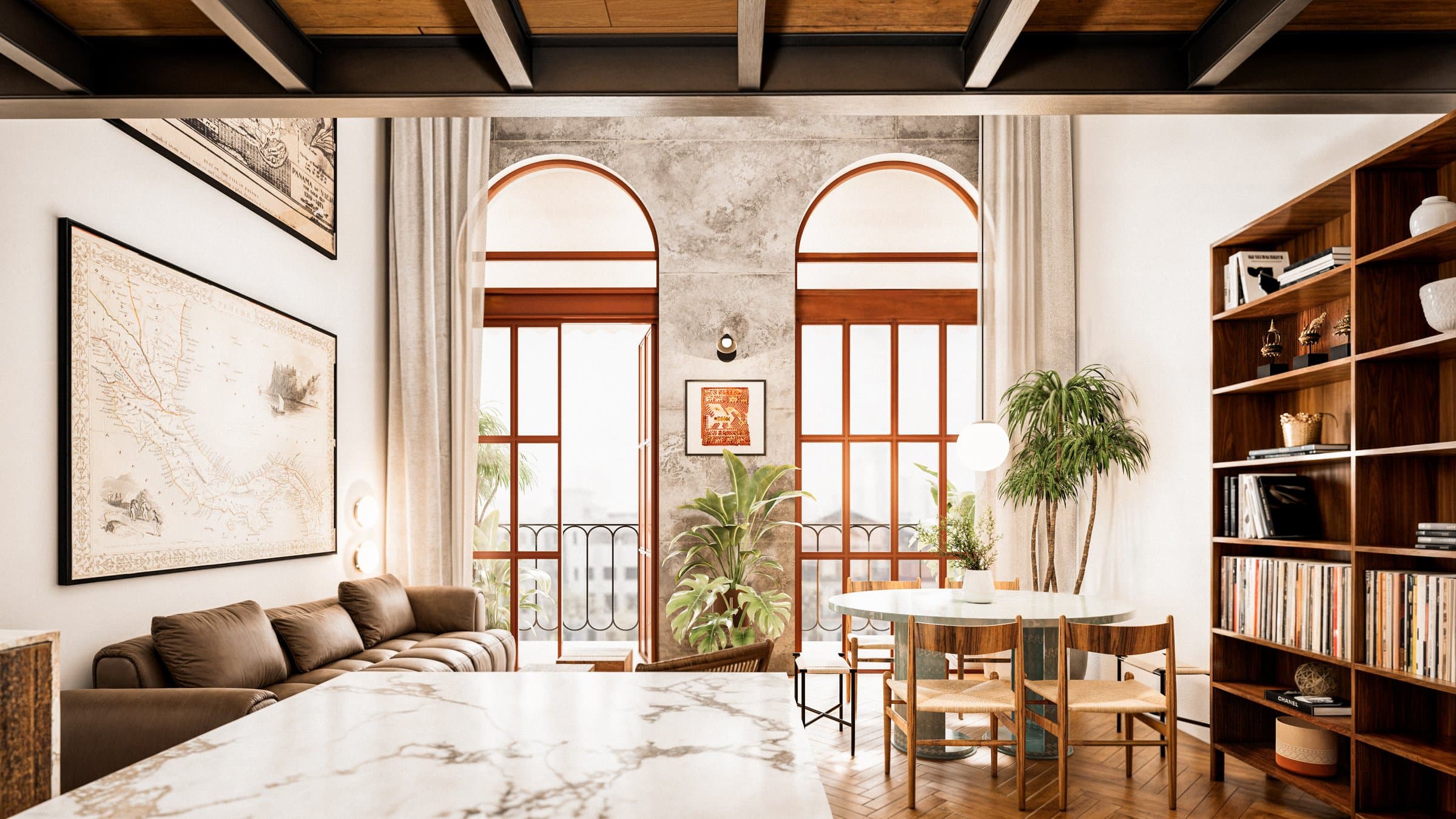 Rendering of a Barlove loft with arched colonial windows, dining area and library wall