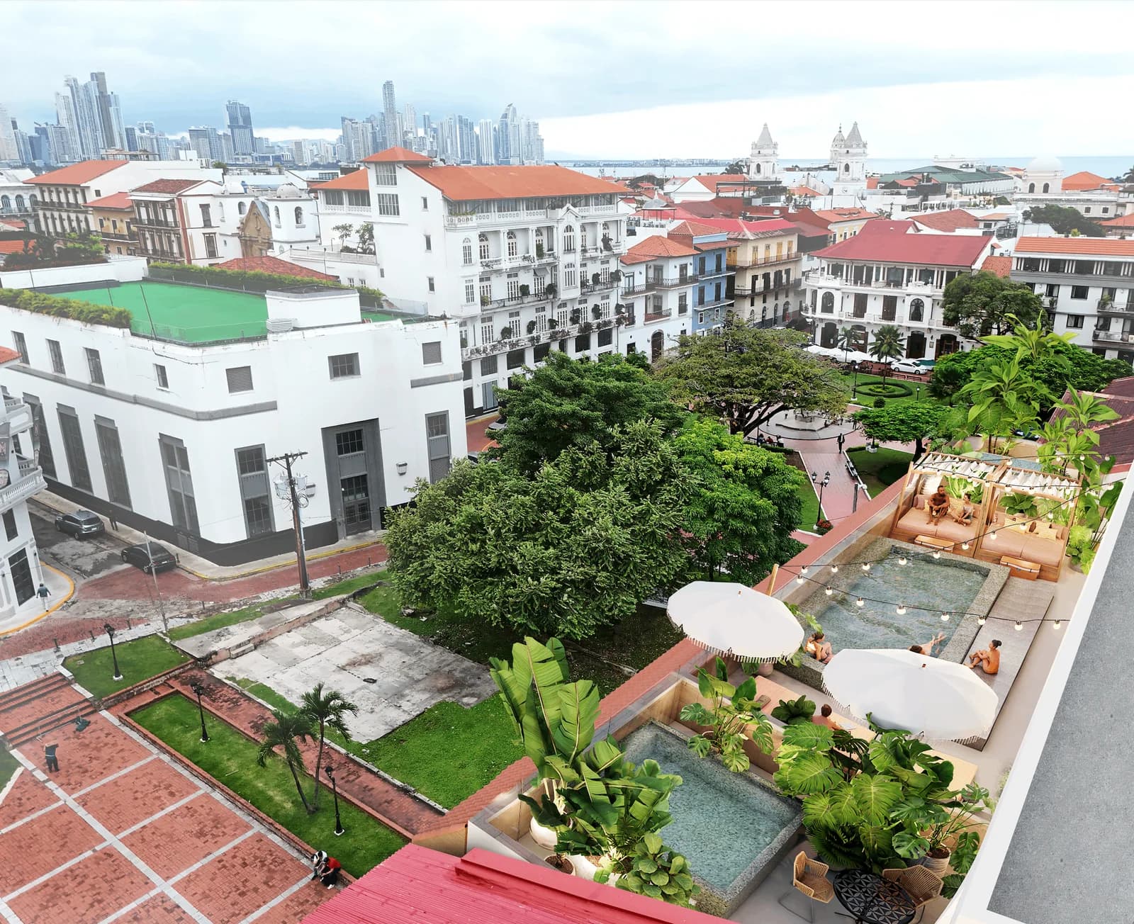 Rendering of the Barlove rooftop pool terrace overlooking the Casco Antiguo rooftops and the Panama City skyline