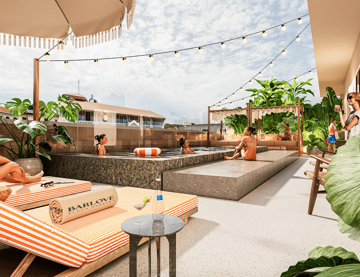 Rendering of the Barlove rooftop plunge pool with striped sun loungers under string lights