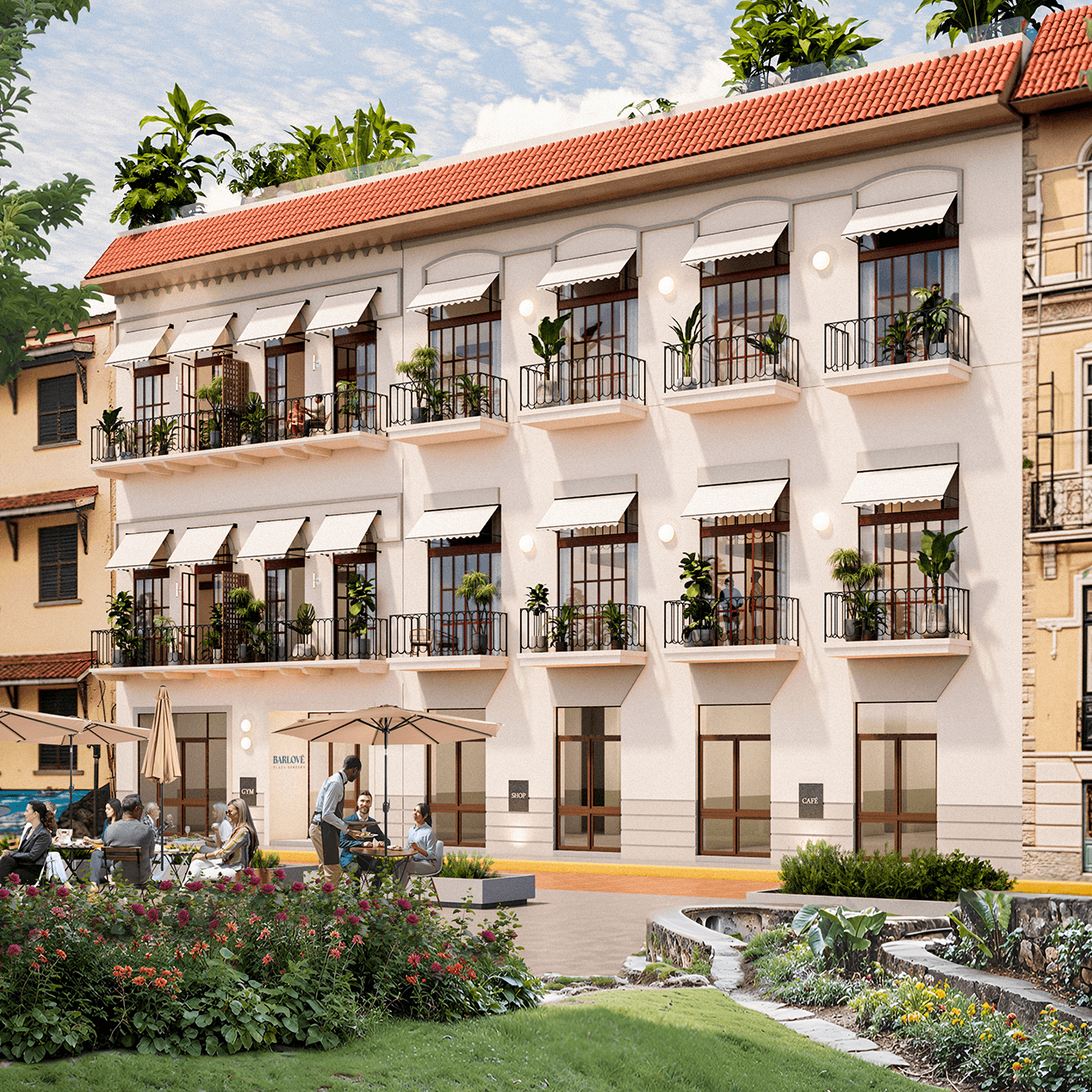 Rendering of the Barlove facade on Plaza Herrera in Casco Antiguo, with colonial balconies and a red tile roof
