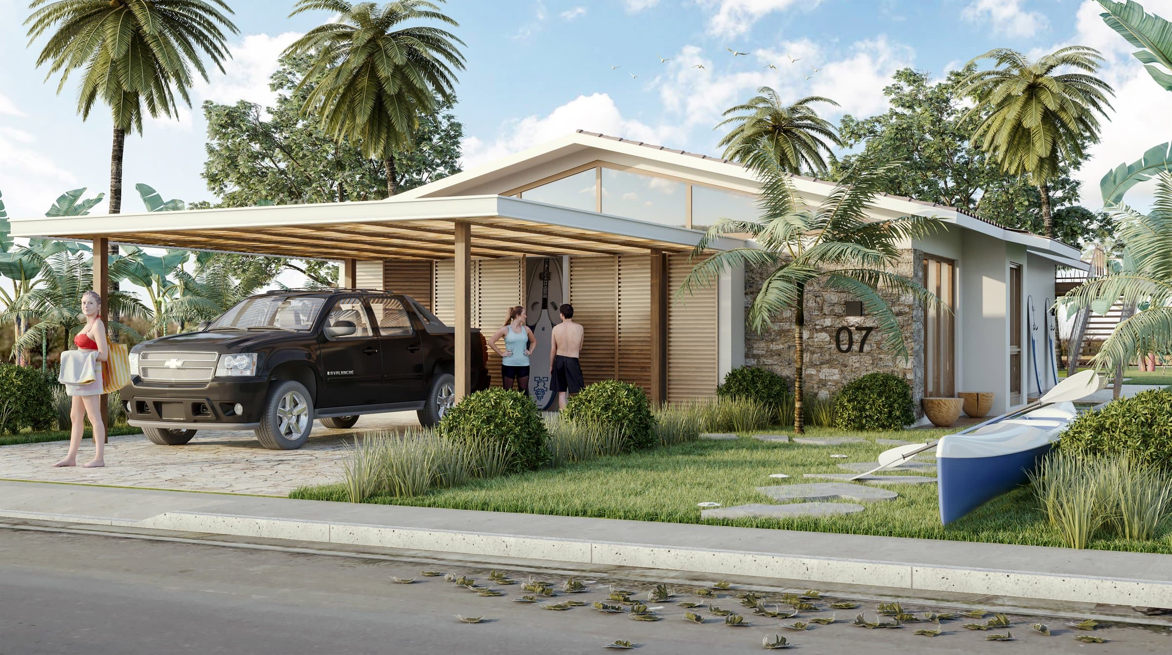 Rendering of an Andromeda single-family home with carport in Pedasi