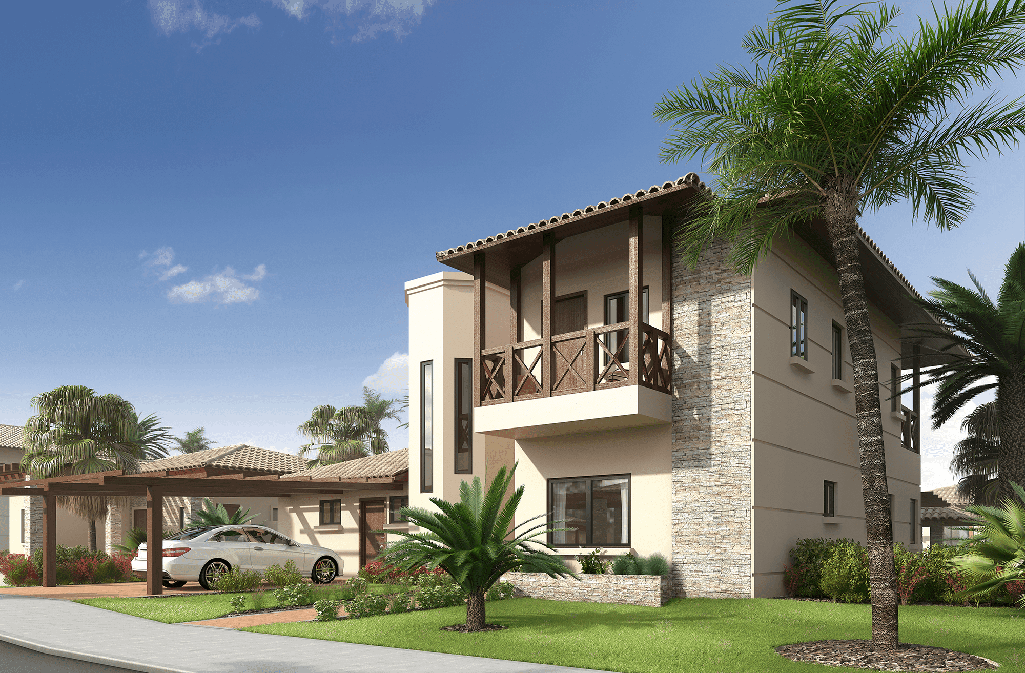 Rendering of a two-storey Andromeda home with stone accents and balcony