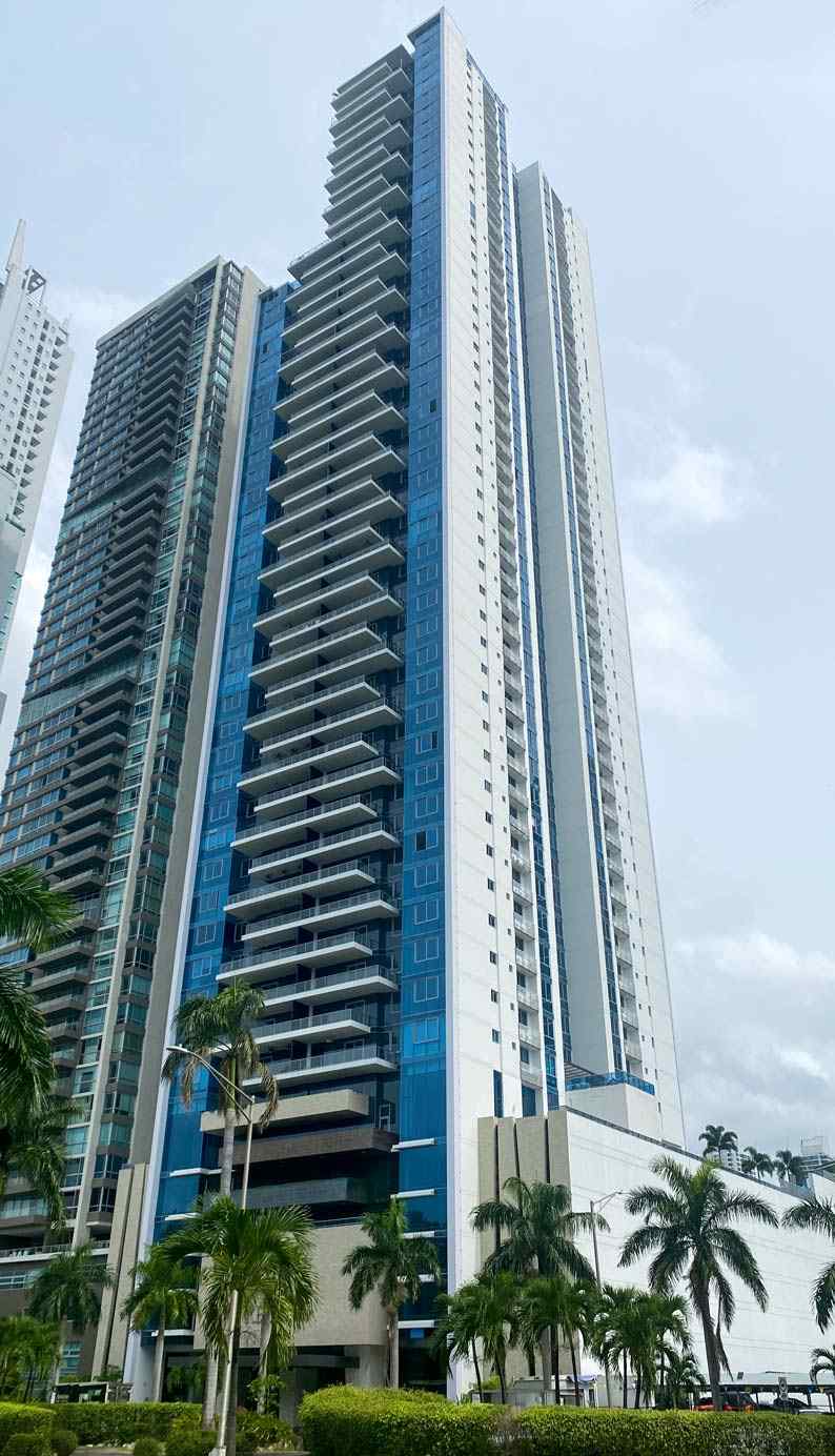 Regalia residential tower in Costa del Este, Panama City, seen from the street