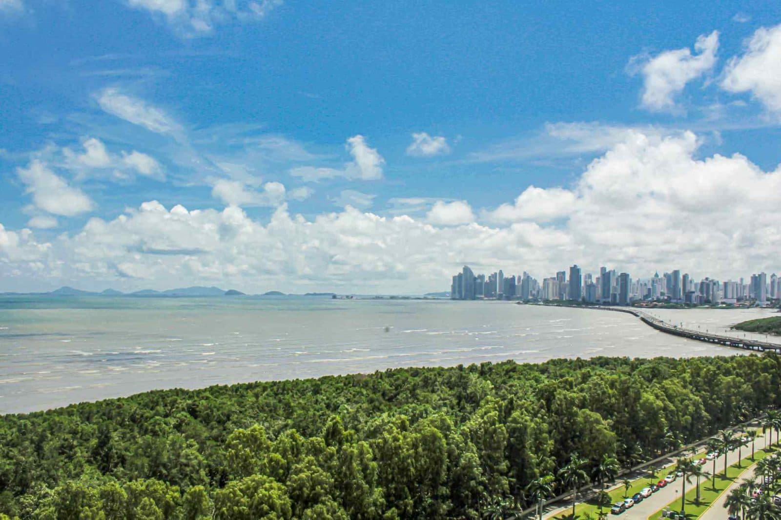 Ocean and Panama City skyline view over the mangroves from Regalia, Costa del Este
