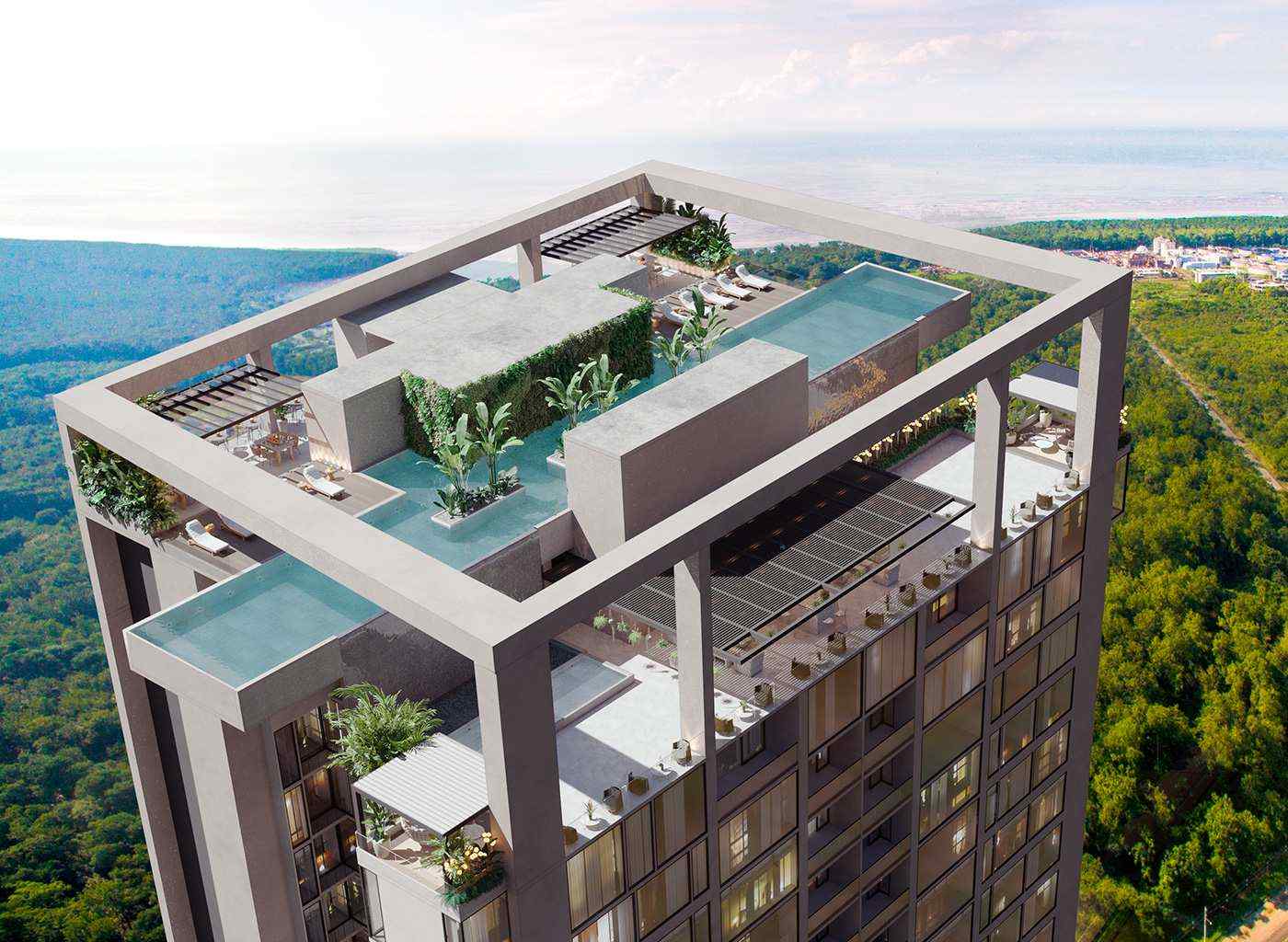 Aerial render of The Ivy rooftop pools and social terrace in Santa Maria