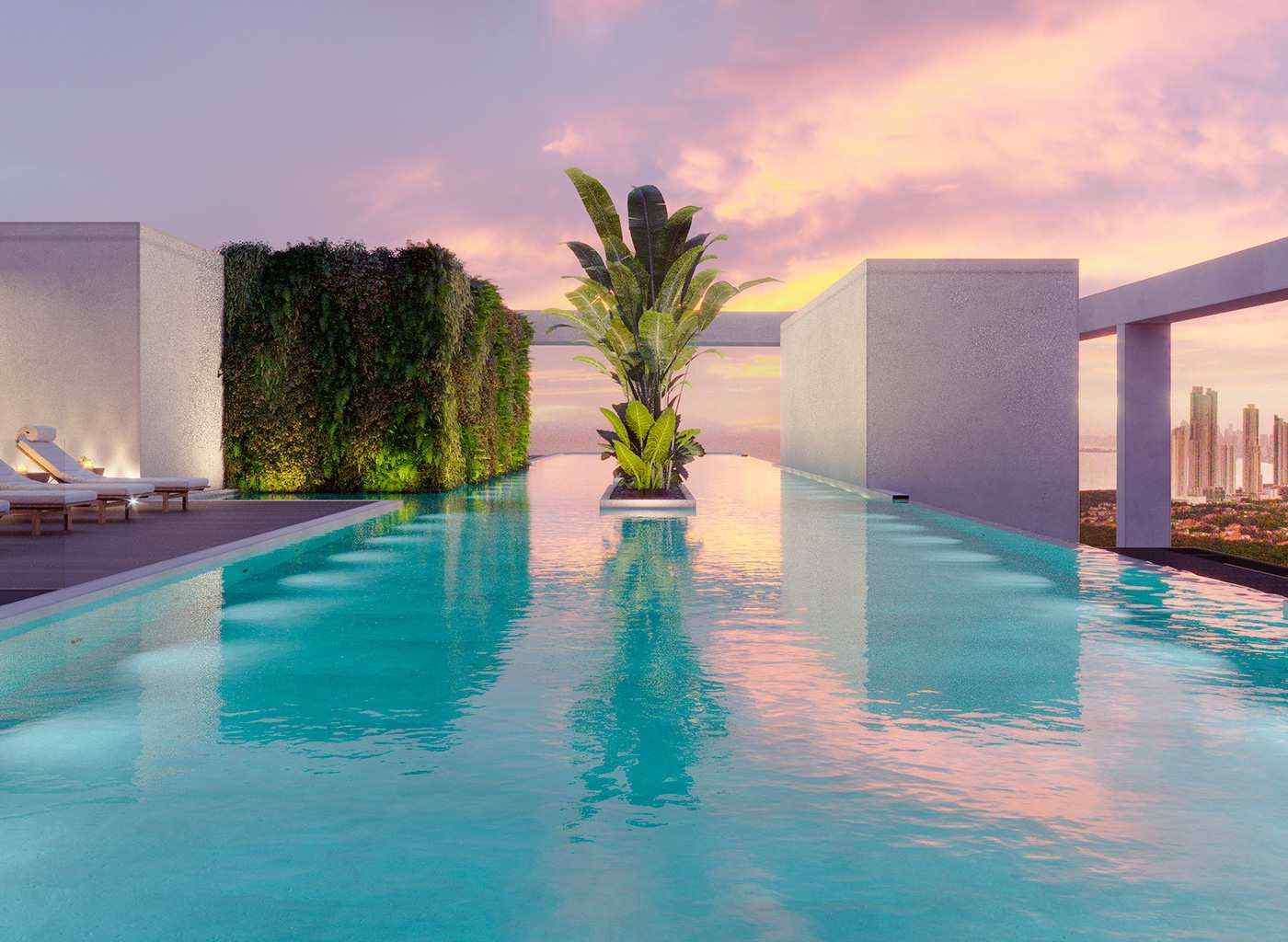 Rooftop infinity pool with a vertical garden at The Ivy, Santa Maria