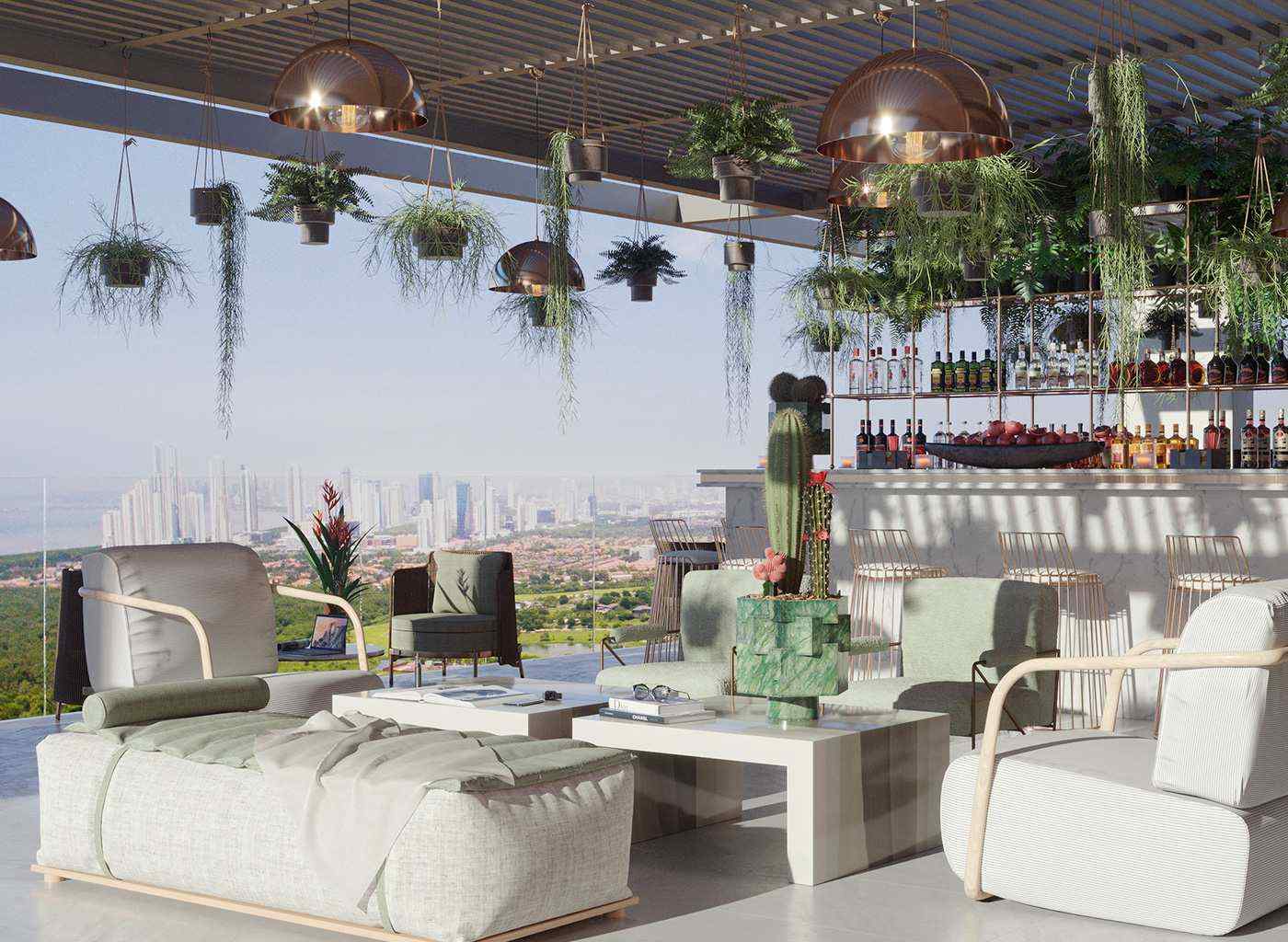 Outdoor lounge with hanging plants and city views at The Ivy