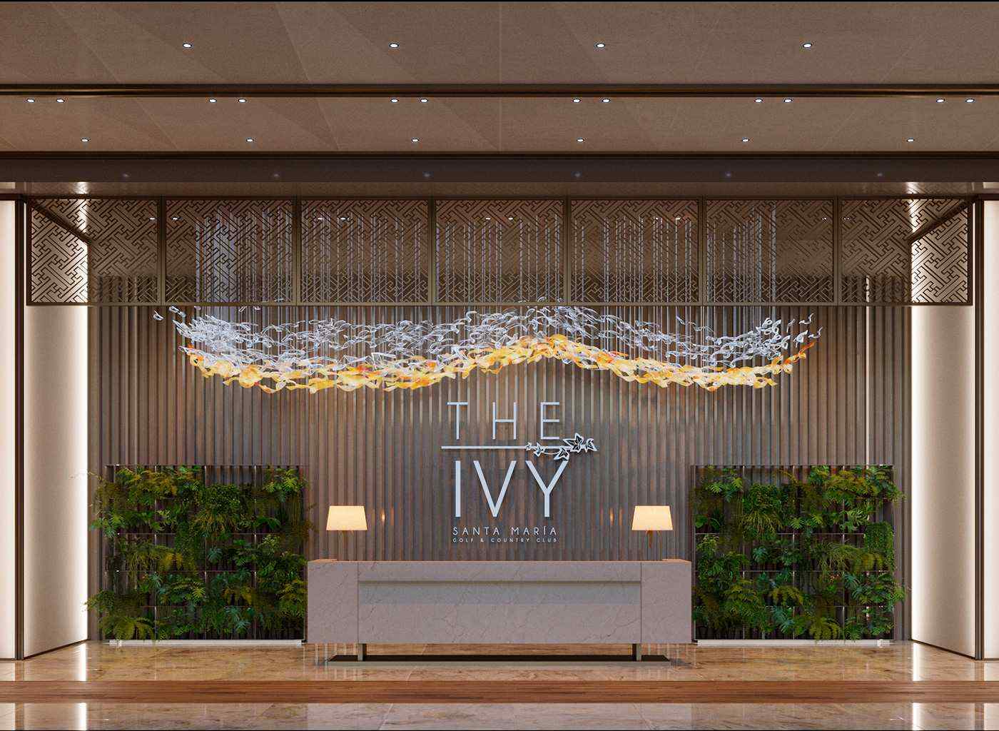 The Ivy lobby with a green wall and sculptural light fixture