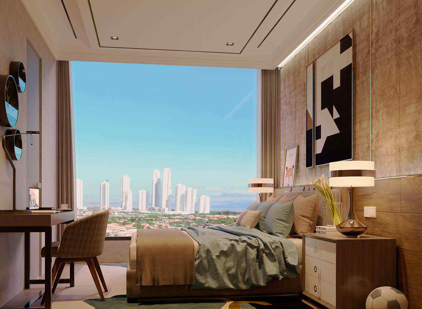 Master bedroom with floor-to-ceiling windows and Panama City skyline view at The Ivy