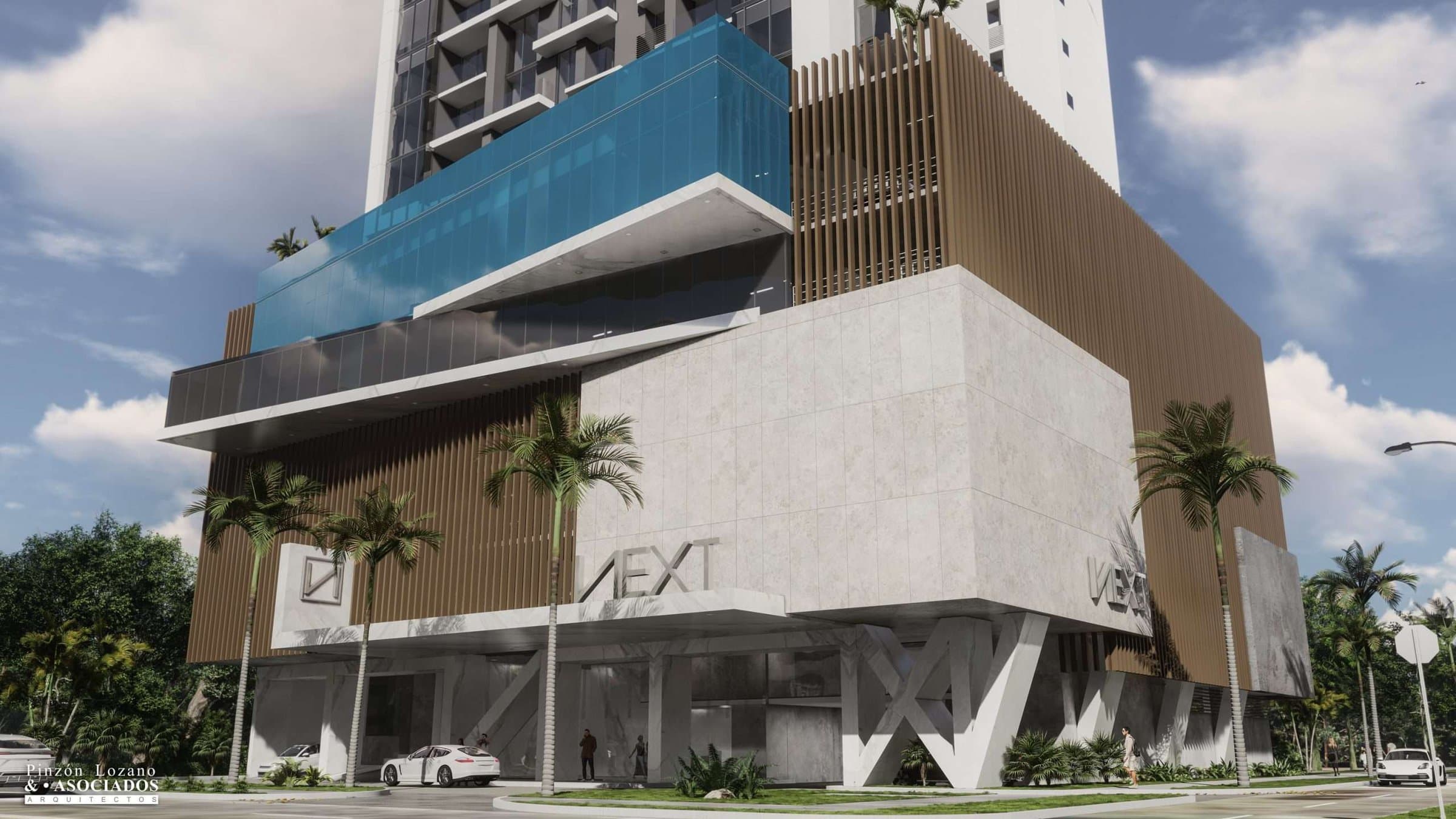 NEXT residential tower podium with its X-shaped columns and wood-slat facade in Coco del Mar, Panama City