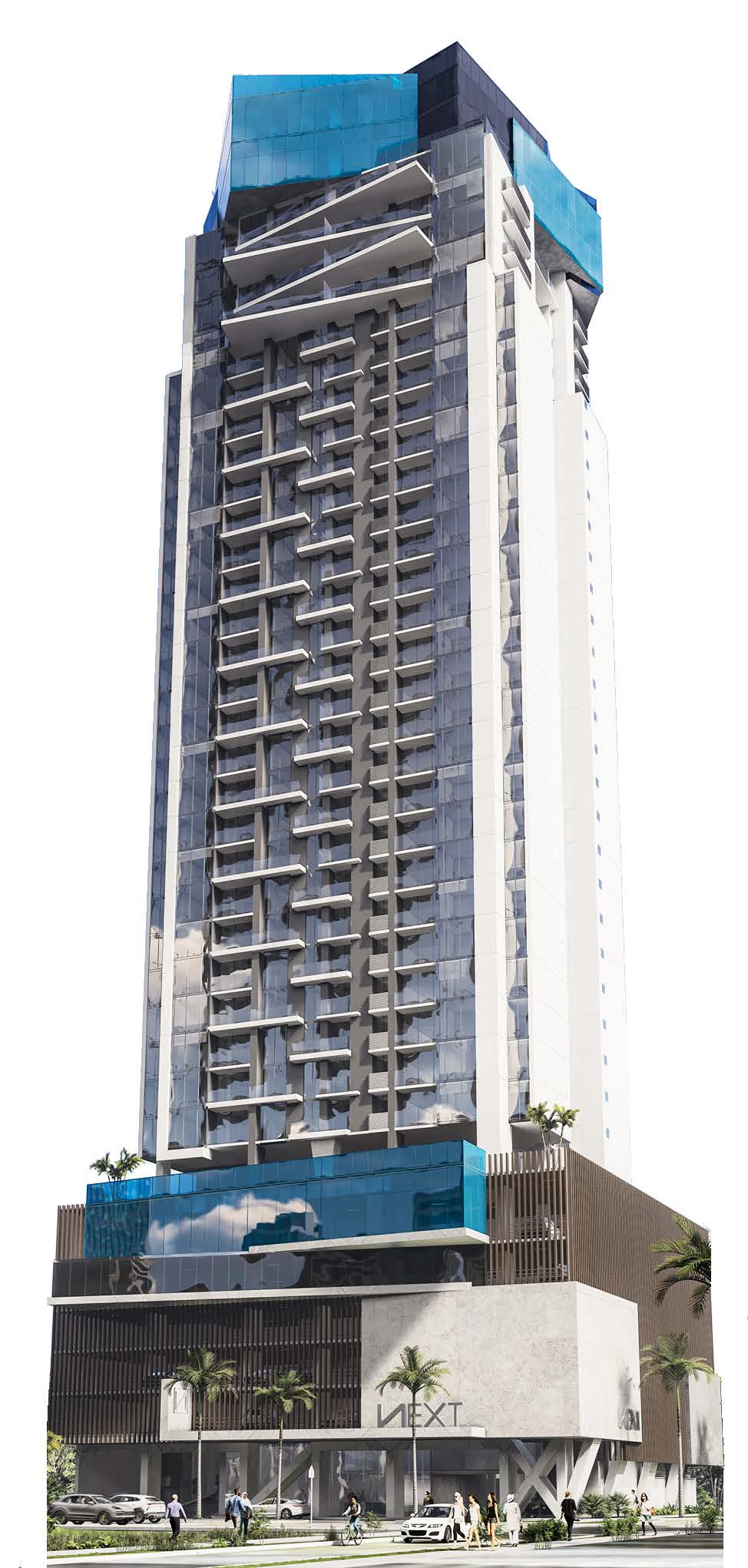 Rendering of the NEXT residential tower with its glass-railed amenity podium, Coco del Mar, Panama City