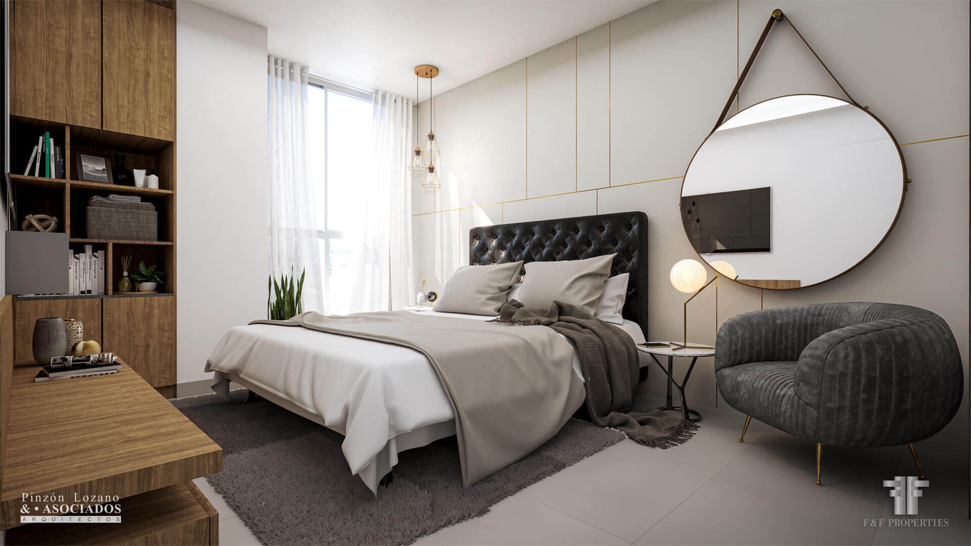 Rendering of a bedroom with an upholstered headboard and a round mirror in a NEXT apartment, Coco del Mar, Panama City