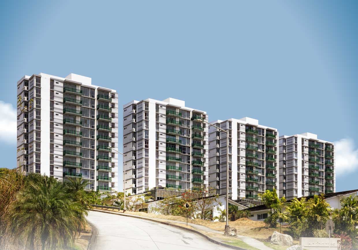 The four 4 Horizontes towers above the landscaped access road in Altos de Panama