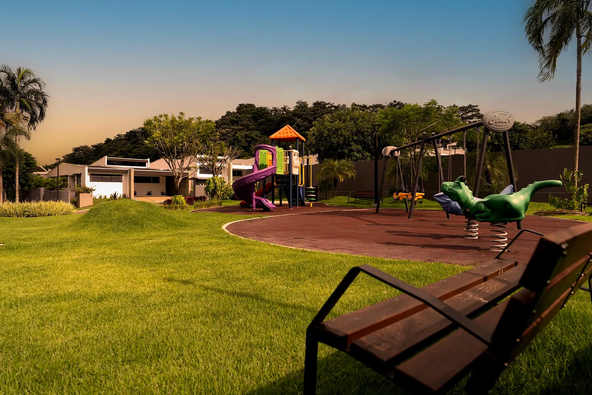 BarrioAlto children's playground and lawn at dusk