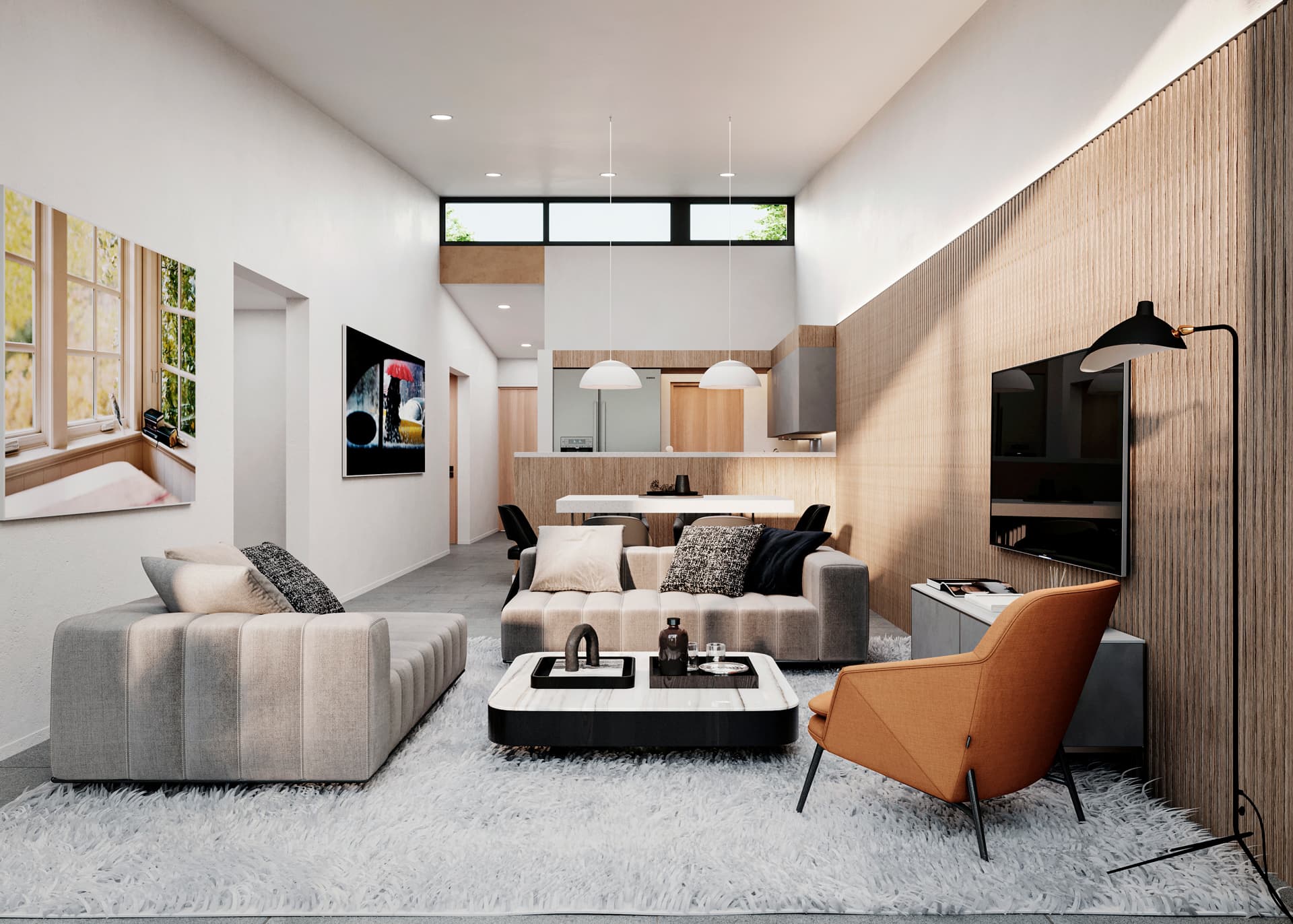 Double-height living room with open kitchen in a BarrioAlto home