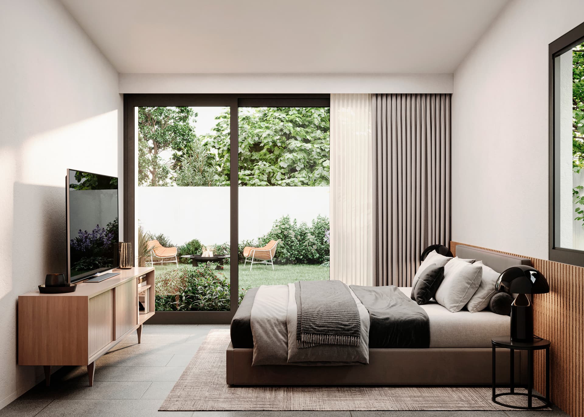 Bedroom with floor-to-ceiling window onto the garden at BarrioAlto