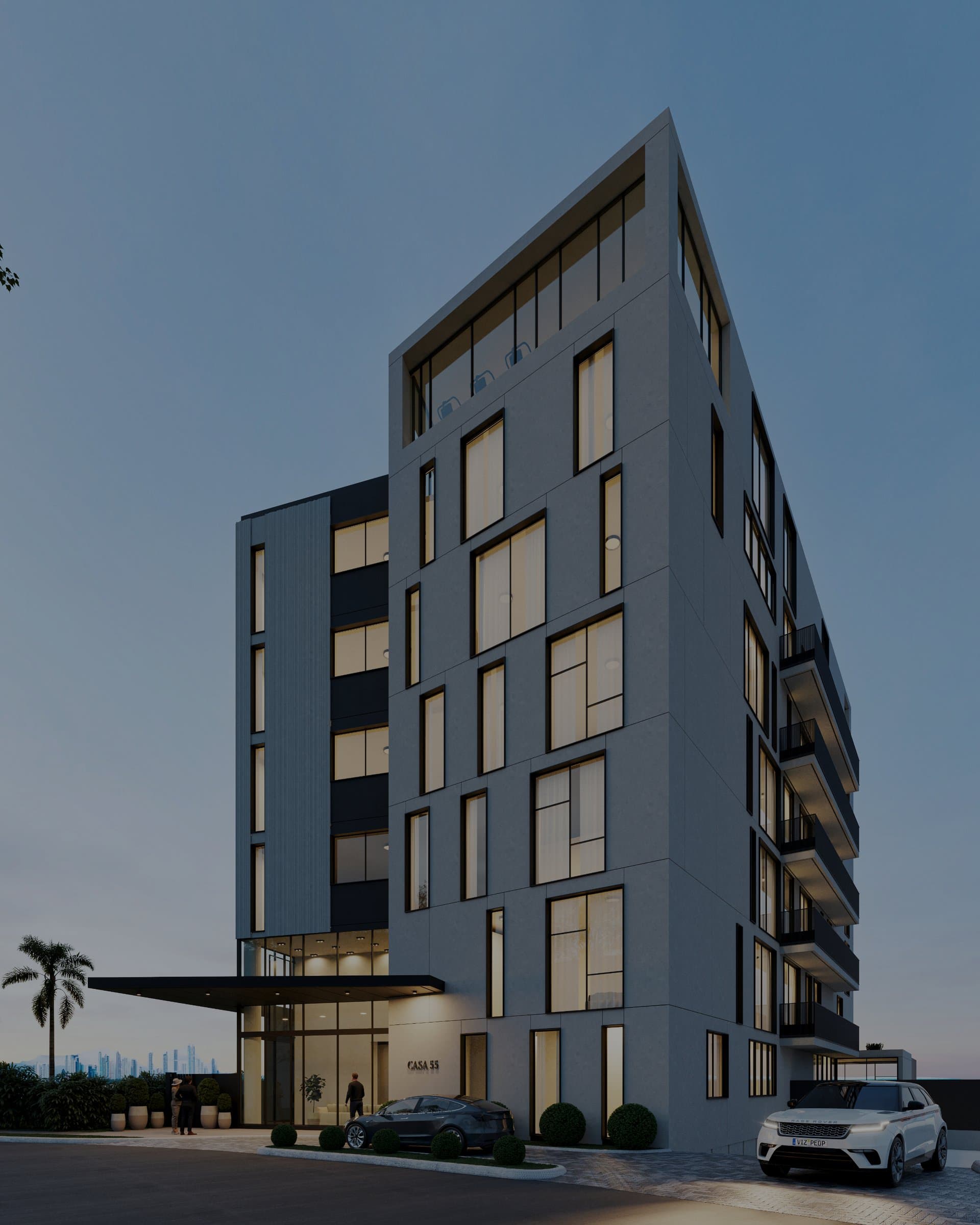 Casa 55 residential building facade at dusk on Ocean Reef Islands, Punta Pacifica