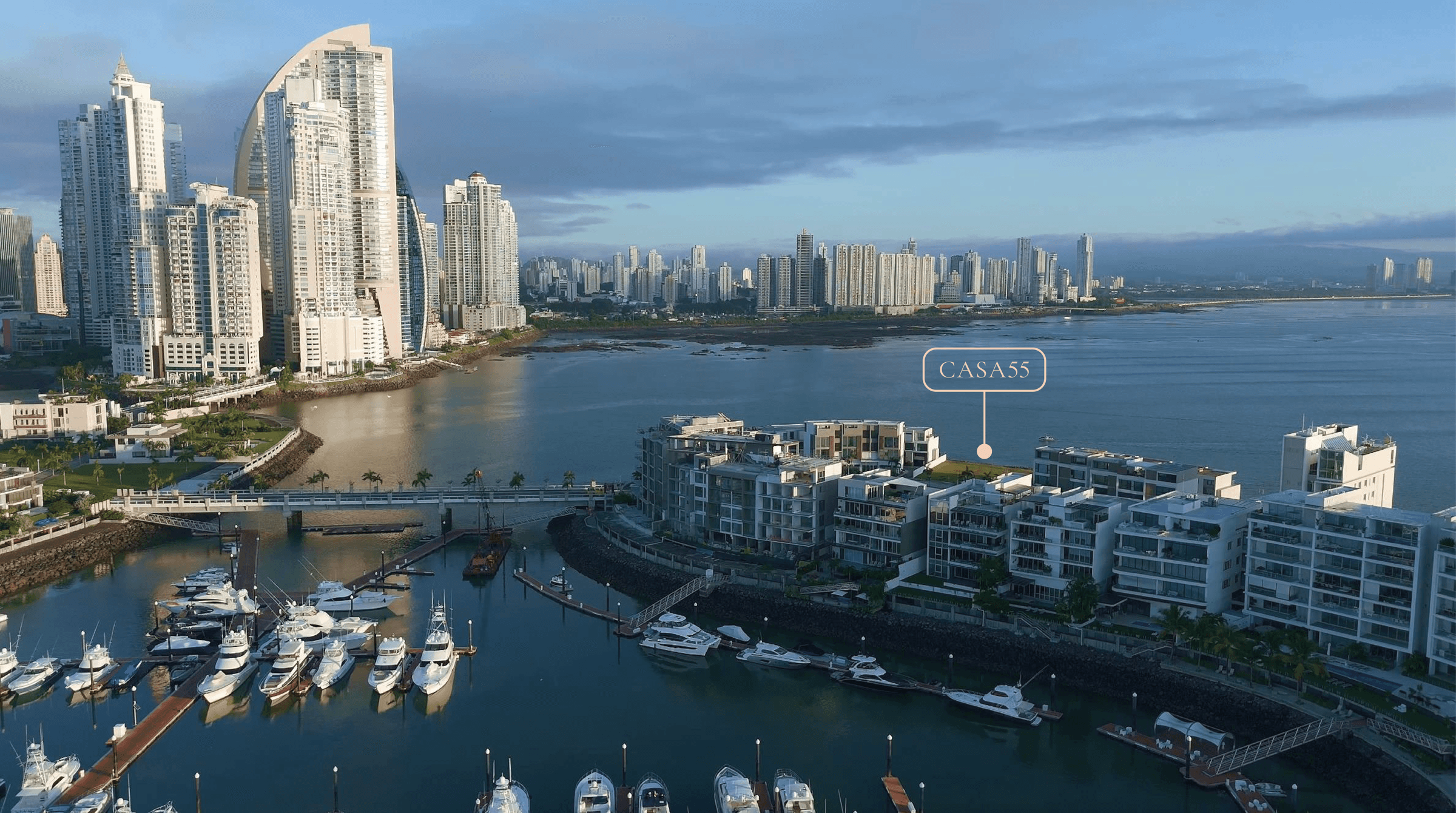 Aerial view of Ocean Reef Islands marina with the location of Casa 55 and the Punta Pacifica skyline