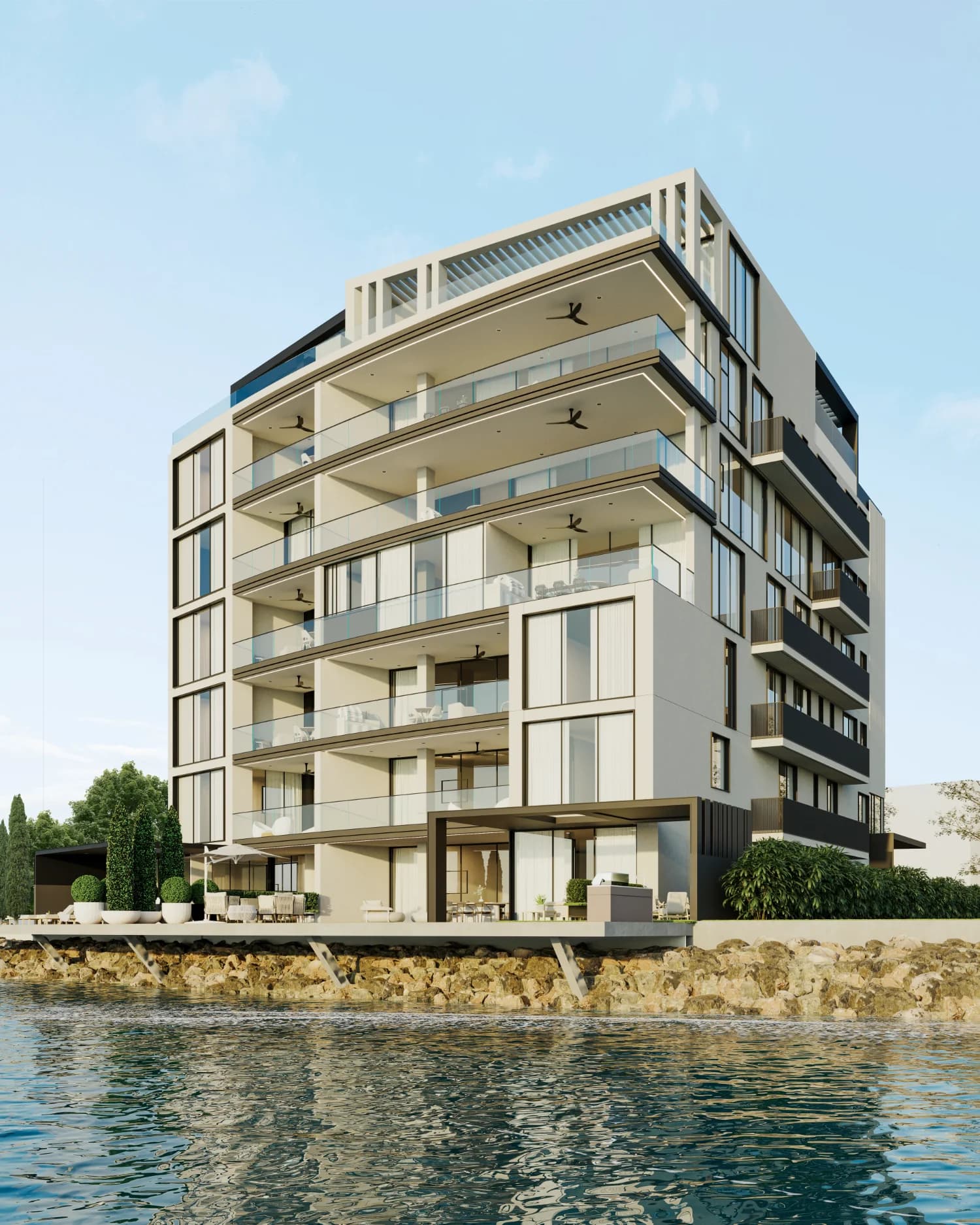 Casa 55 building facade by the water on Ocean Reef Islands, Punta Pacifica