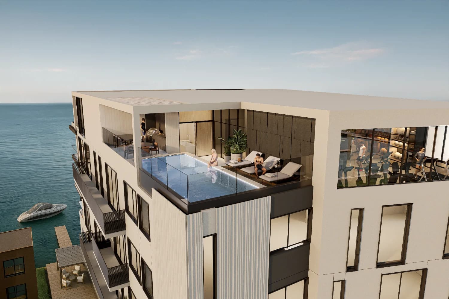 Aerial view of the Casa 55 rooftop pool terrace over the sea