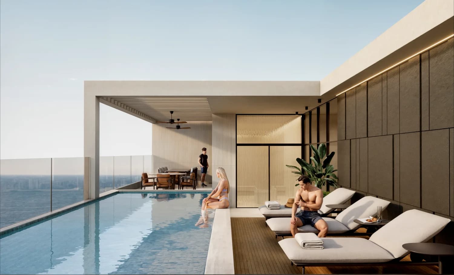 Casa 55 rooftop pool terrace with sun loungers and ocean views