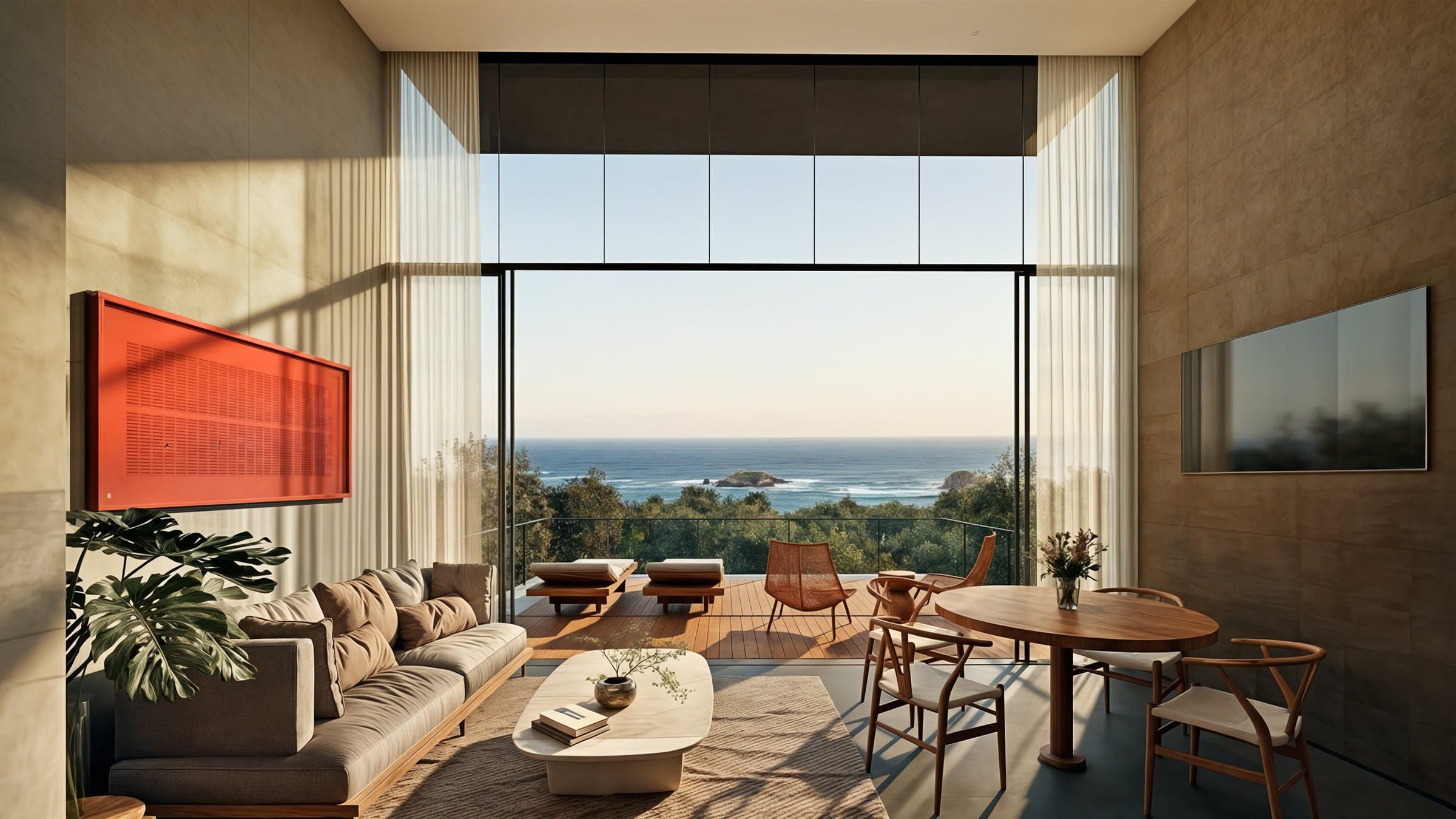 Double-height living and dining area opening to the Pacific at Vervana