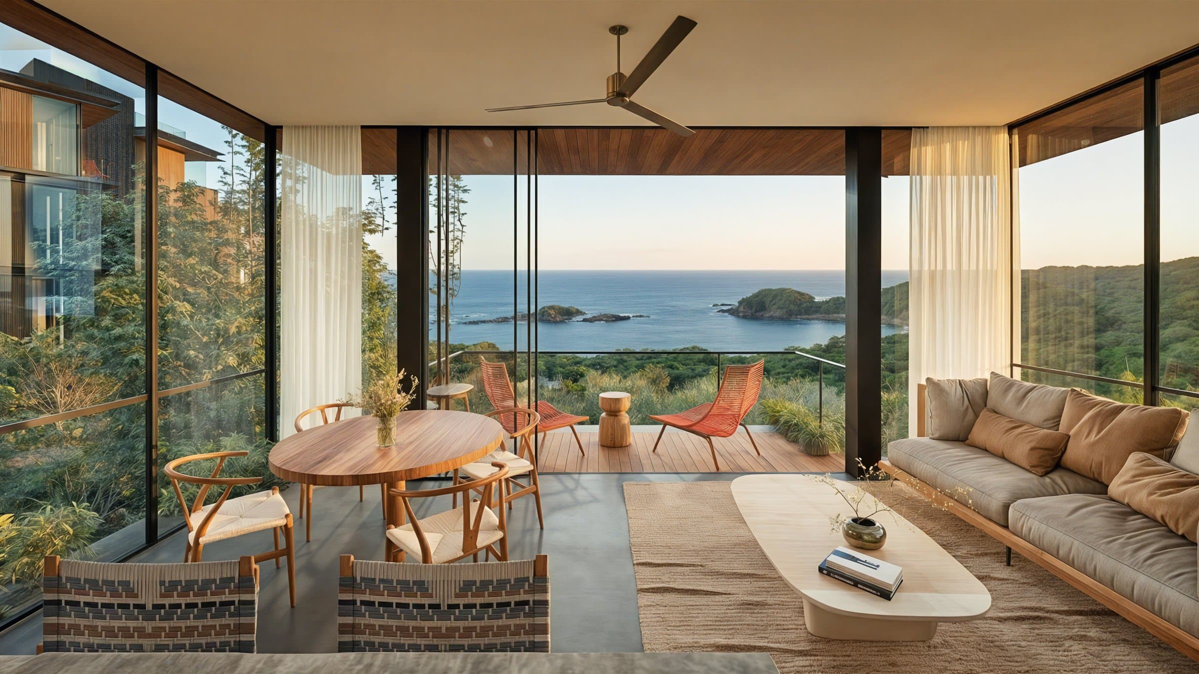 Corner living room with floor-to-ceiling glass and bay views at Vervana