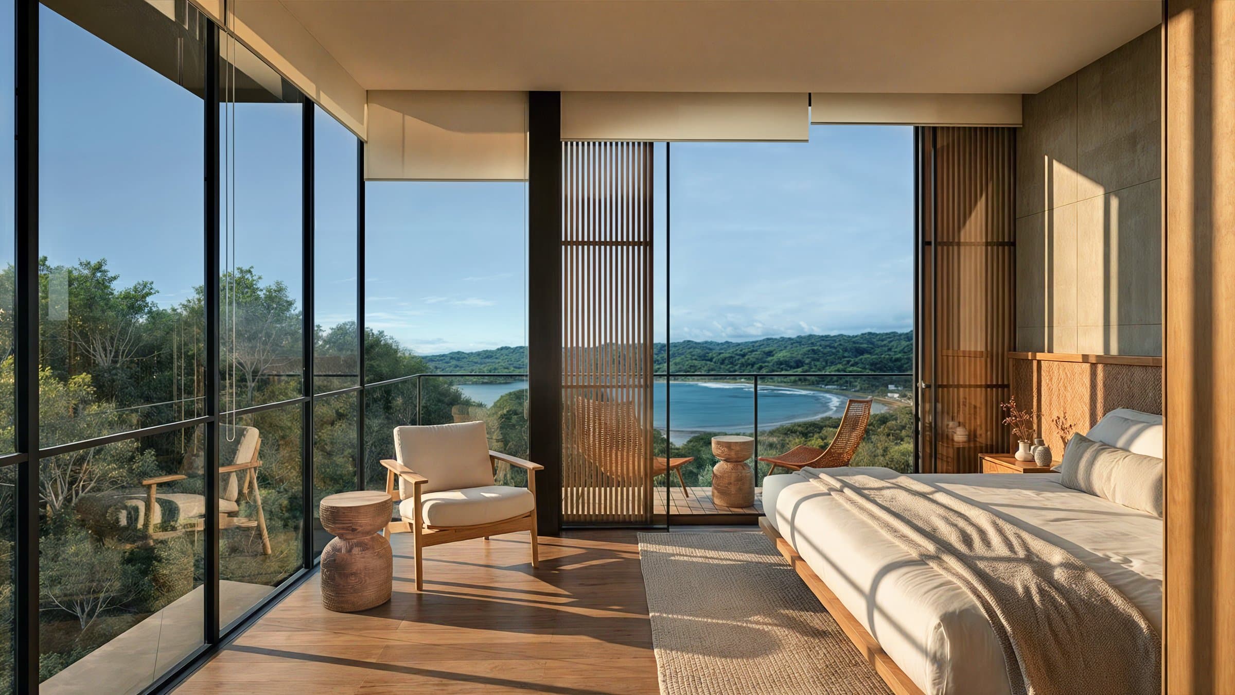 Bedroom opening onto a forest and ocean view balcony at Vervana