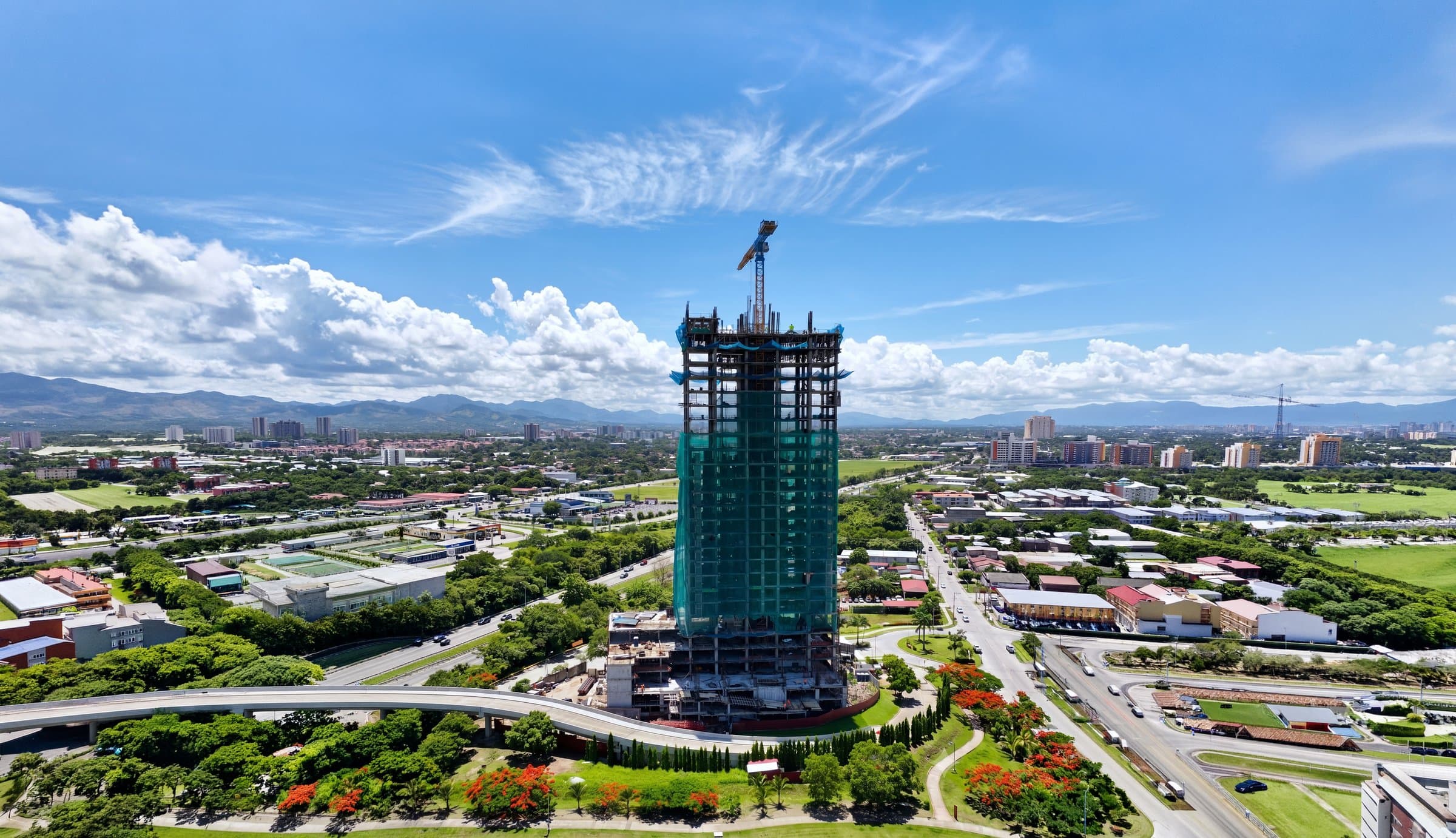 Aerial photo of the Guayacan tower under construction in Santa Maria, Panama City