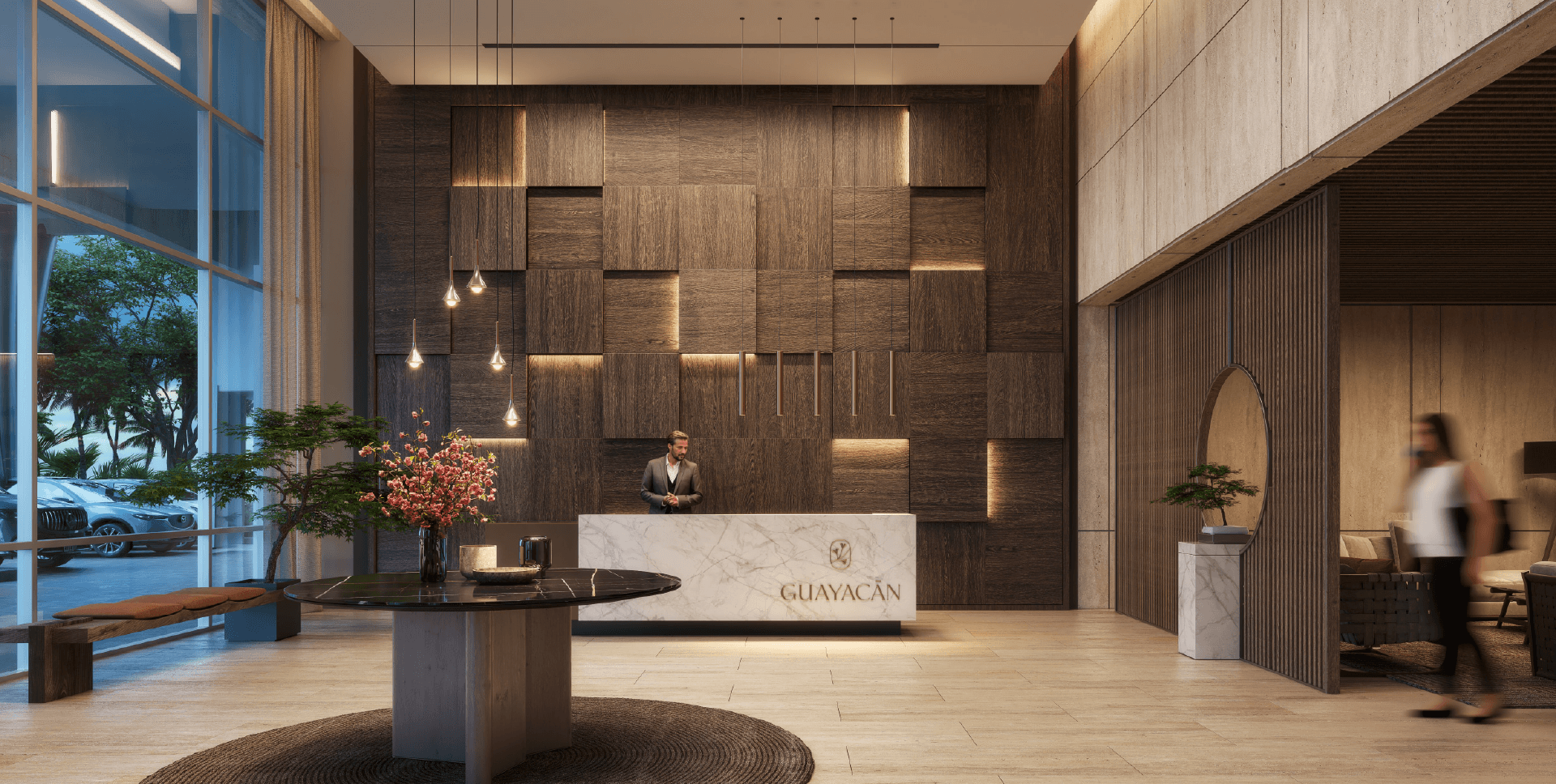Lobby with wood-panelled reception at Guayacan