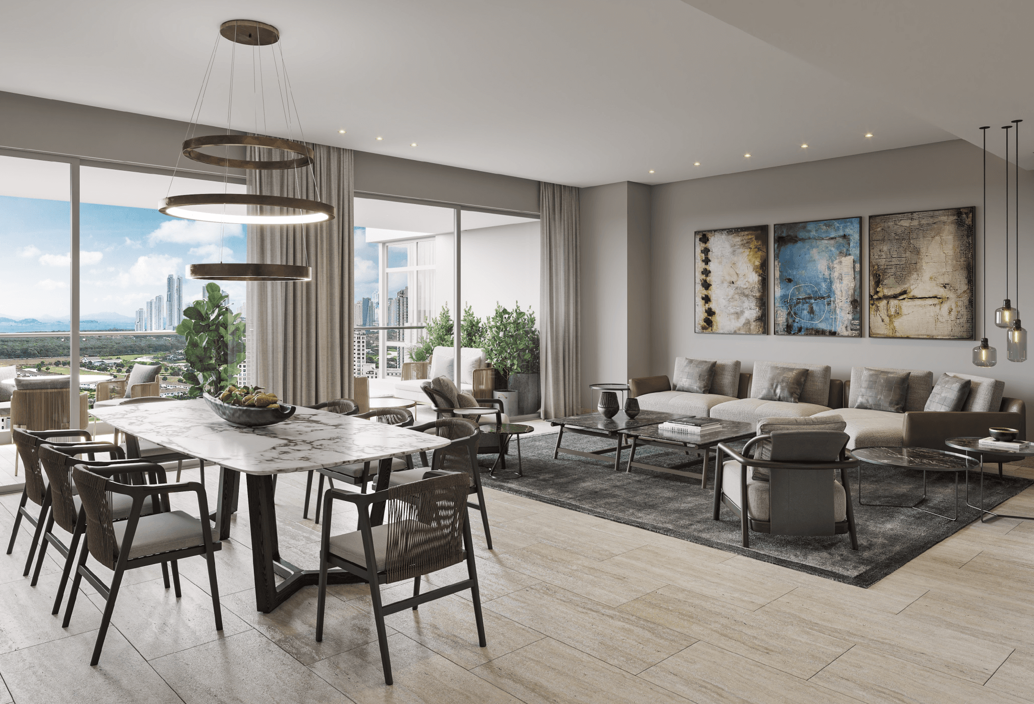 Open living and dining room with city views in a Guayacan apartment