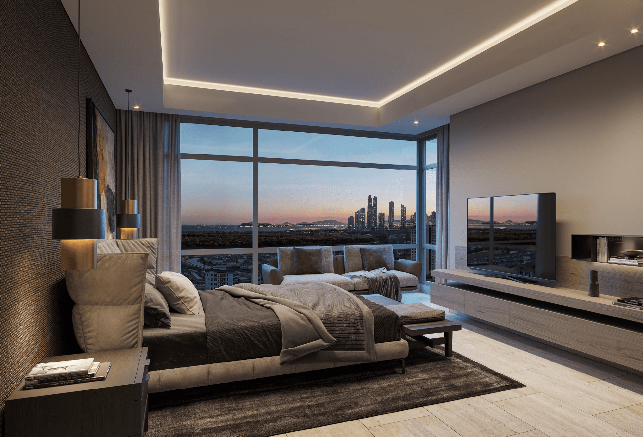 Bedroom with floor-to-ceiling window over the skyline at Guayacan
