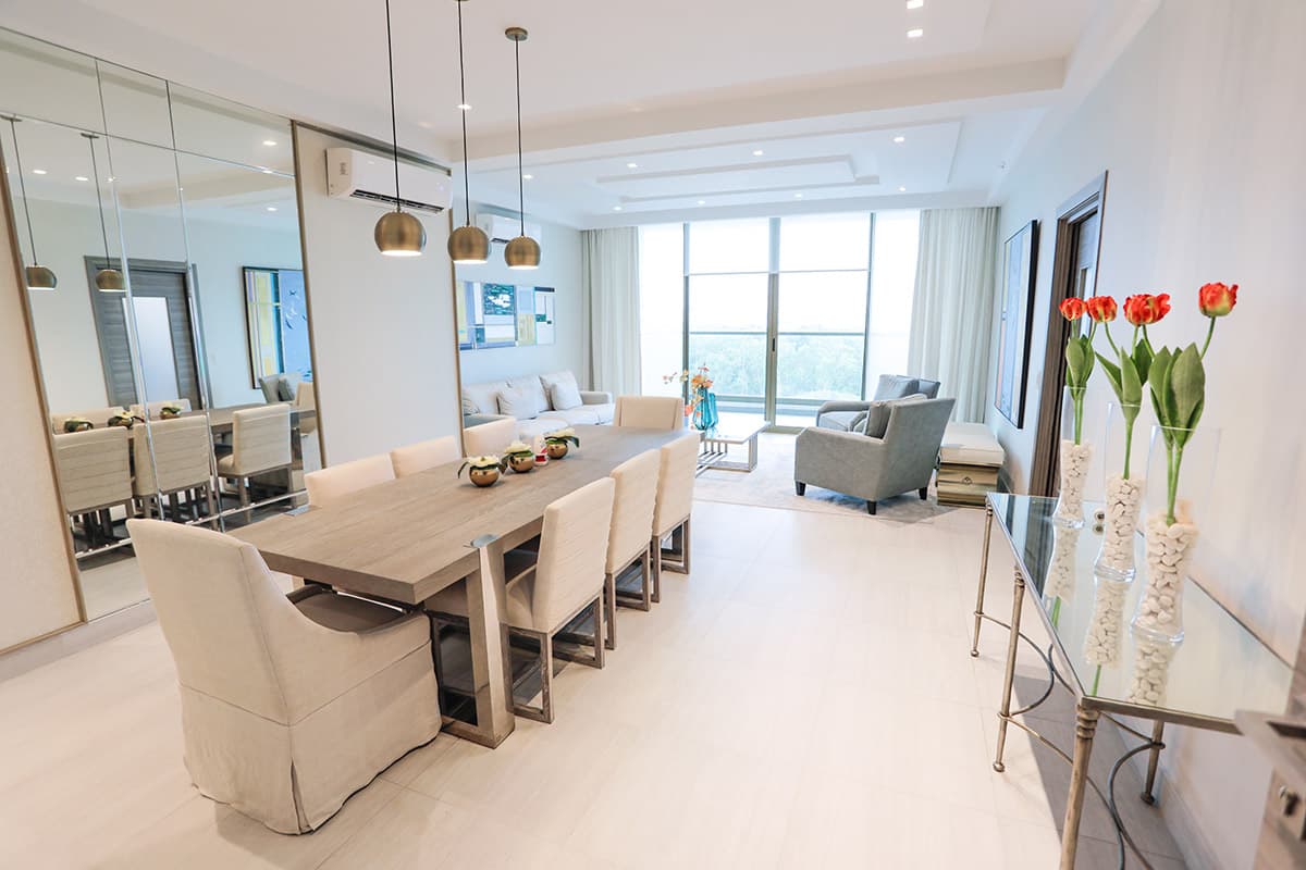 Dining room and living area in a Parkview Residence apartment