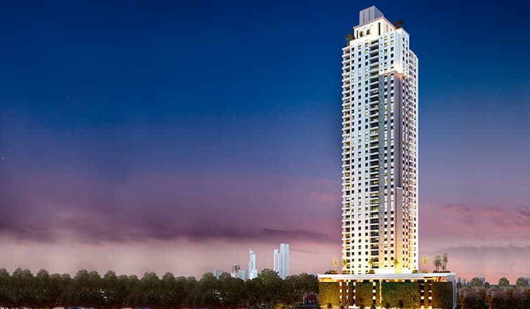 Rendering of the Greenview Residences tower at dusk in Santa Maria Golf & Country Club
