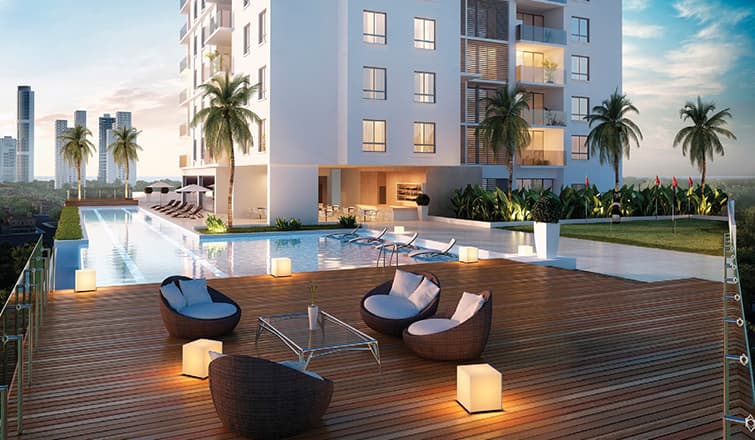 Rendering of the Greenview Residences pool deck with lounge seating at the foot of the tower