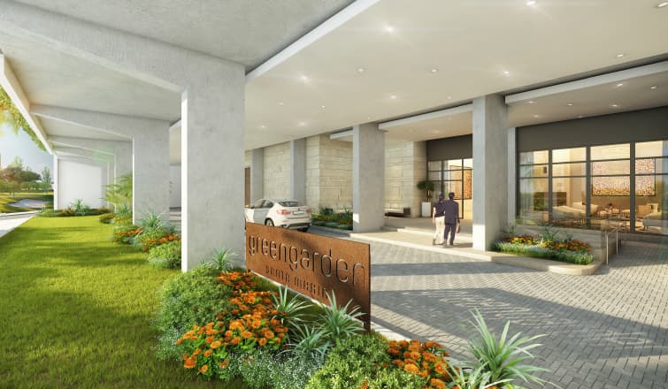 Rendering of the Greengarden entrance with landscaped garden and covered drop-off
