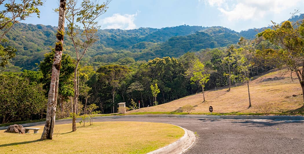 Paved road through a lot area with mountain views at Altos del María