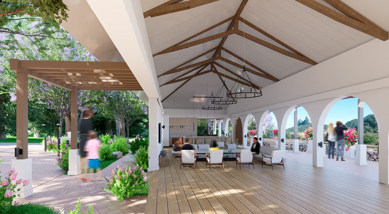 Open social terrace connected to the clubhouse at Altos del María