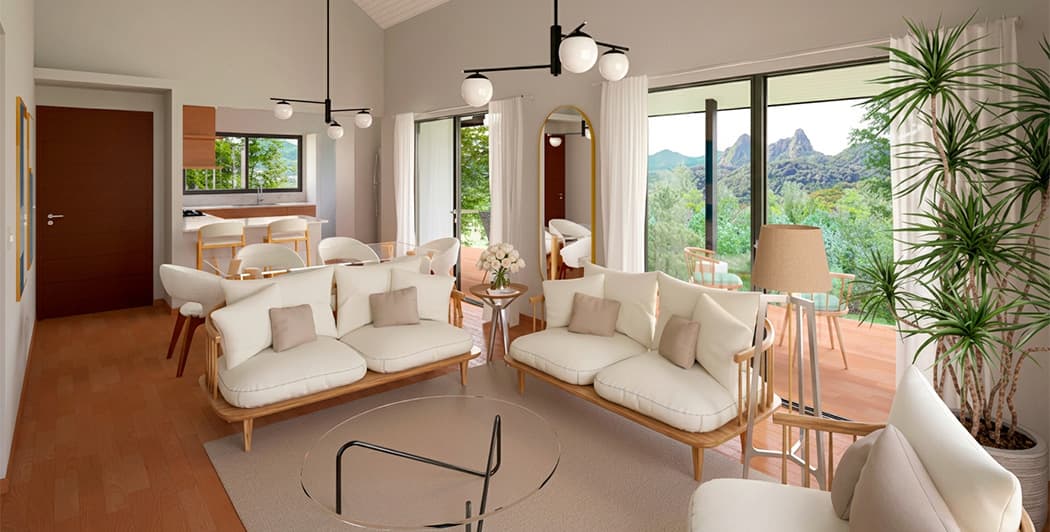 Living room with mountain-view windows in an Altos del María model home