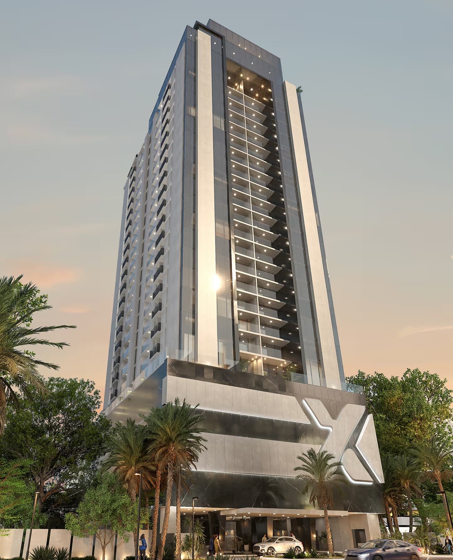 X The Building residential tower on Calle 73, San Francisco, Panama City, at dusk