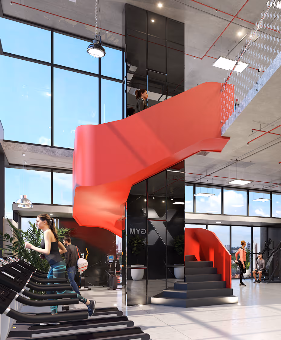 Double-height X Gym with treadmills and a red spiral staircase at X The Building