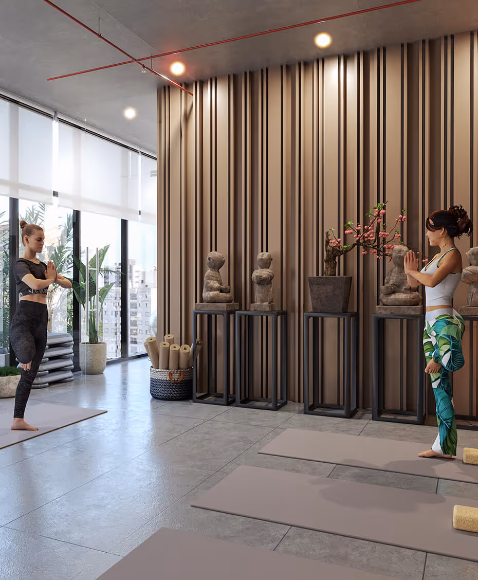 X Zen yoga and meditation room with wood-slat wall at X The Building