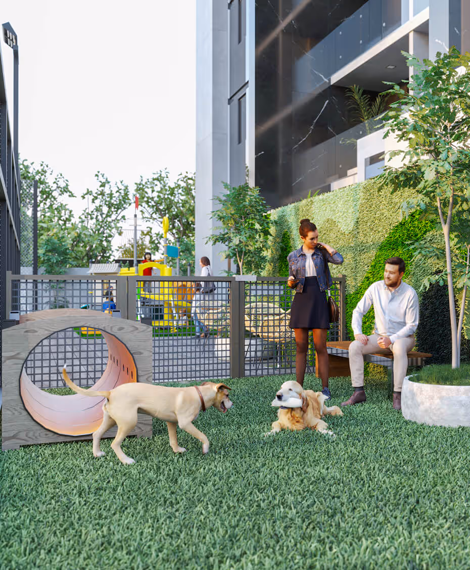 Woof Deck pet area with grass and play tunnel at X The Building
