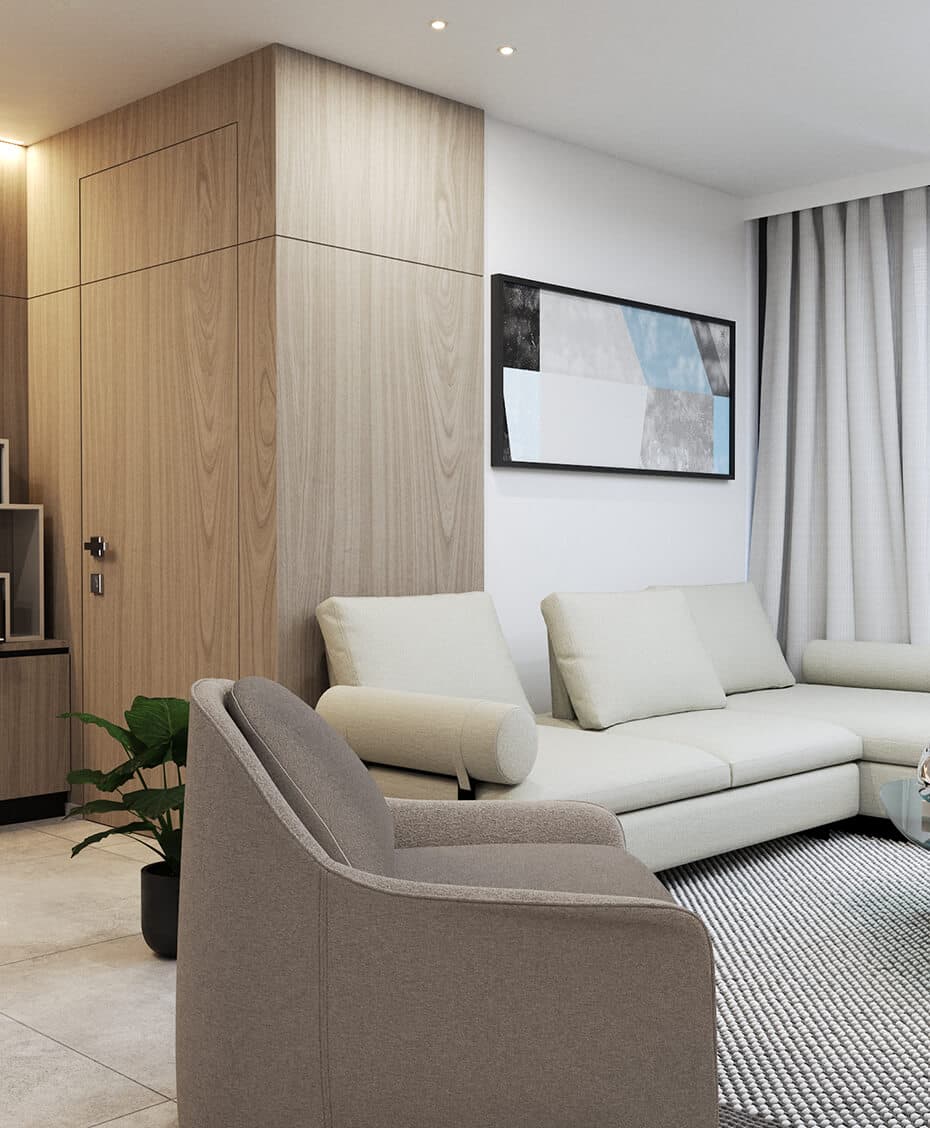 Living room of the 67 m² apartment at X The Building, San Francisco