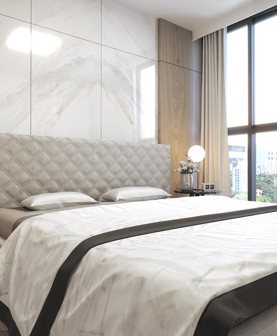 Bedroom with floor-to-ceiling window in an apartment at X The Building