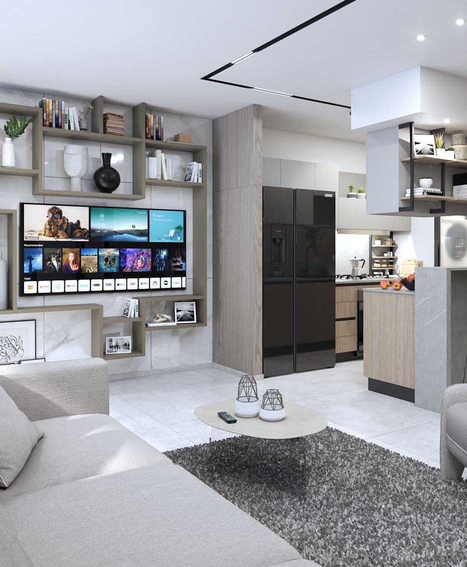 Living area and kitchen of the 90 m² apartment at X The Building