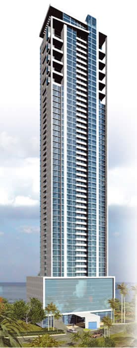 Rendering of the slender Aquamare tower with its glass podium, Punta Pacifica