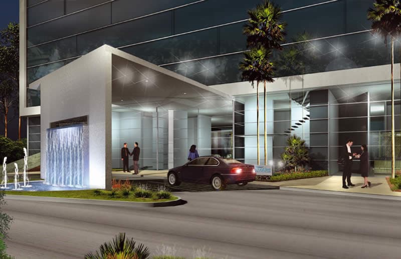 Rendering of the Aquamare lobby entrance and drop-off at dusk