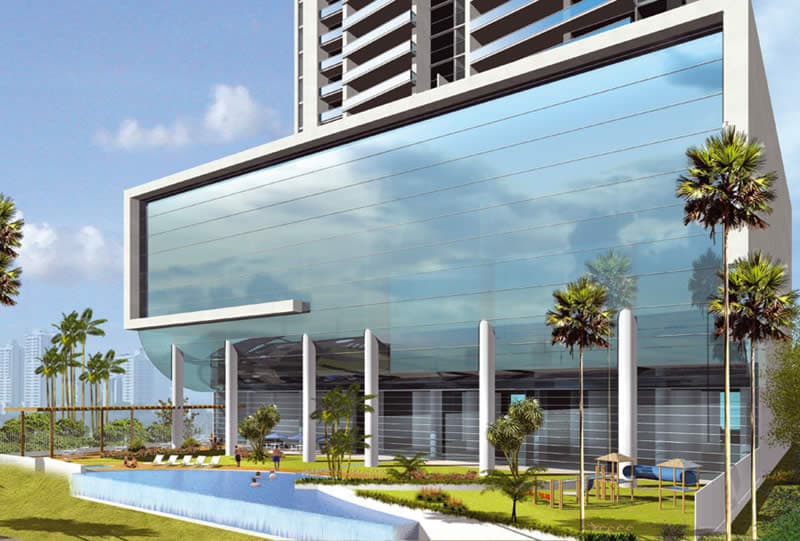 Rendering of the Aquamare glass amenity podium with infinity pool, Punta Pacifica